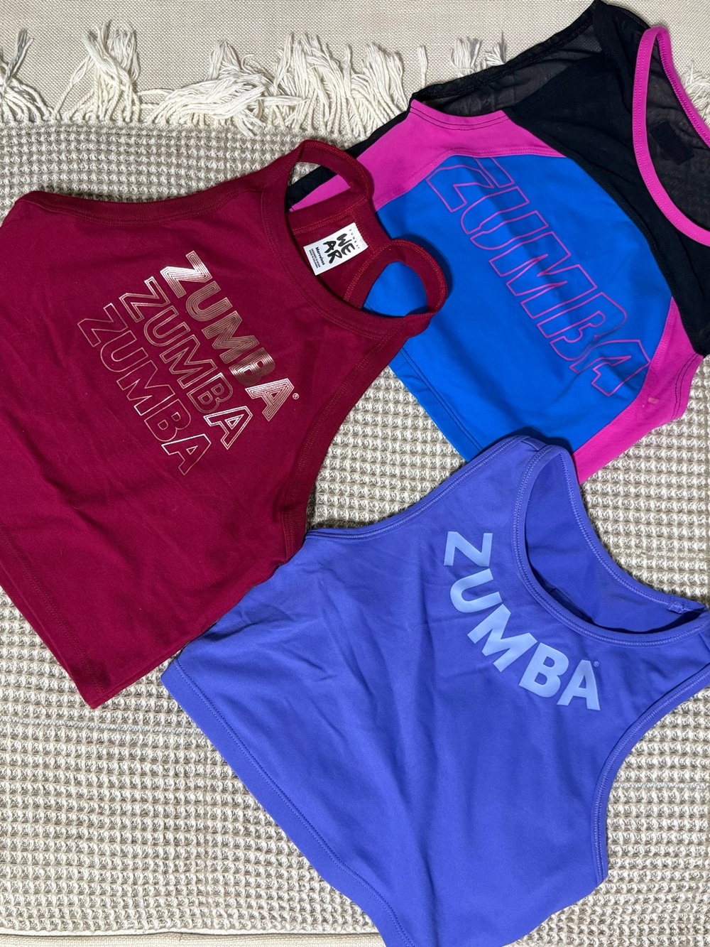 Zumba Fitness Crop Tank Tops — Burgundy, Blue, Purple